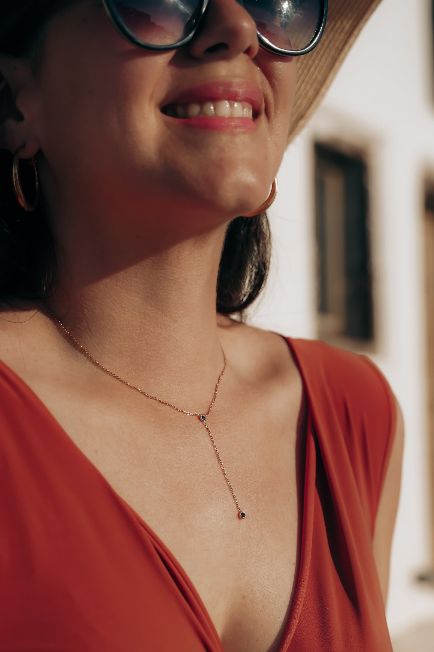 Rhodes | Collier Y en acier inoxydable | Oxyde de zirconium noir | Doré