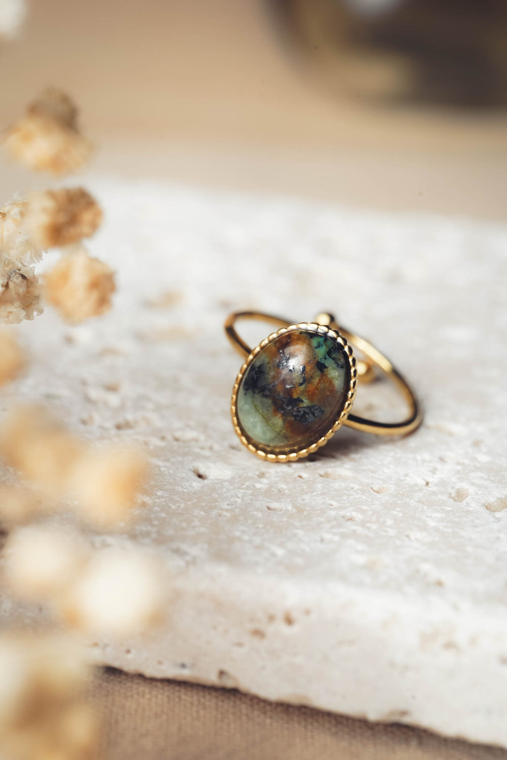 Bague acier inoxydable et pierre naturelle turquoise africaine - Calvi