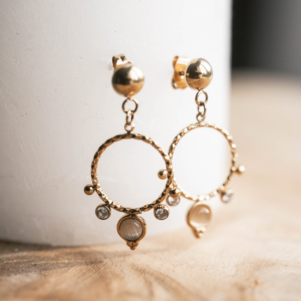 Eivissa | Boucles d'oreilles en acier inoxydable et pierres naturelles | Œil de chat | Doré