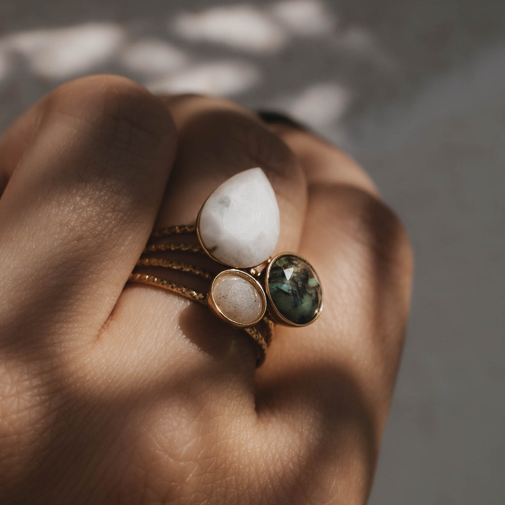 Jaïpur  Bague en acier inoxydable et pierres naturelles | Agate, Turquoise Africaine, Labradorite| Doré