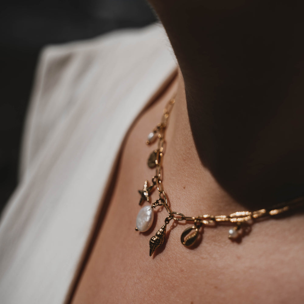 
                      
                        Cancale | Collier breloques en acier inoxydable et pierres naturelles | Perles d'eau douce et de culture | Doré
                      
                    