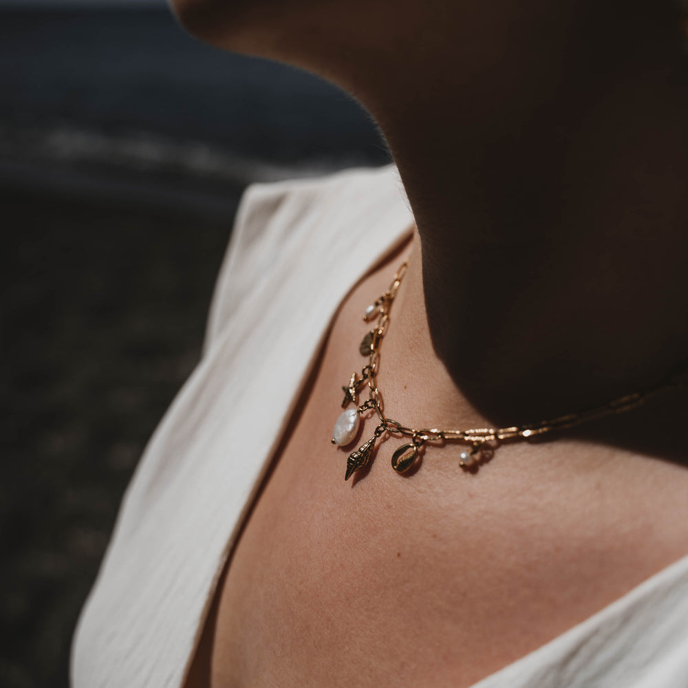 
                      
                        Cancale | Collier breloques en acier inoxydable et pierres naturelles | Perles d'eau douce et de culture | Doré
                      
                    