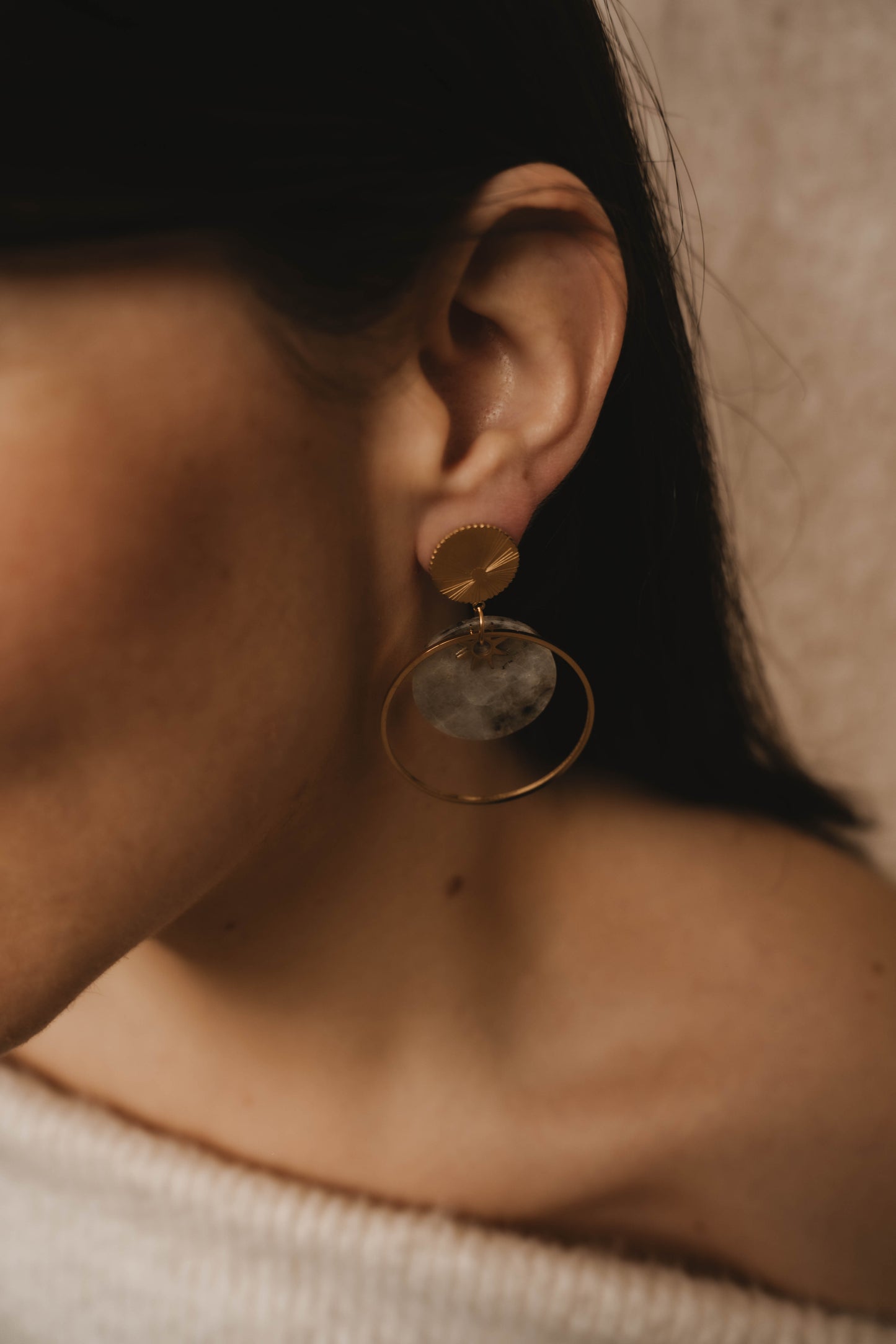 Barcelone | Boucles d'oreilles en acier inoxydable et pierre naturelle | Labradorite | Doré