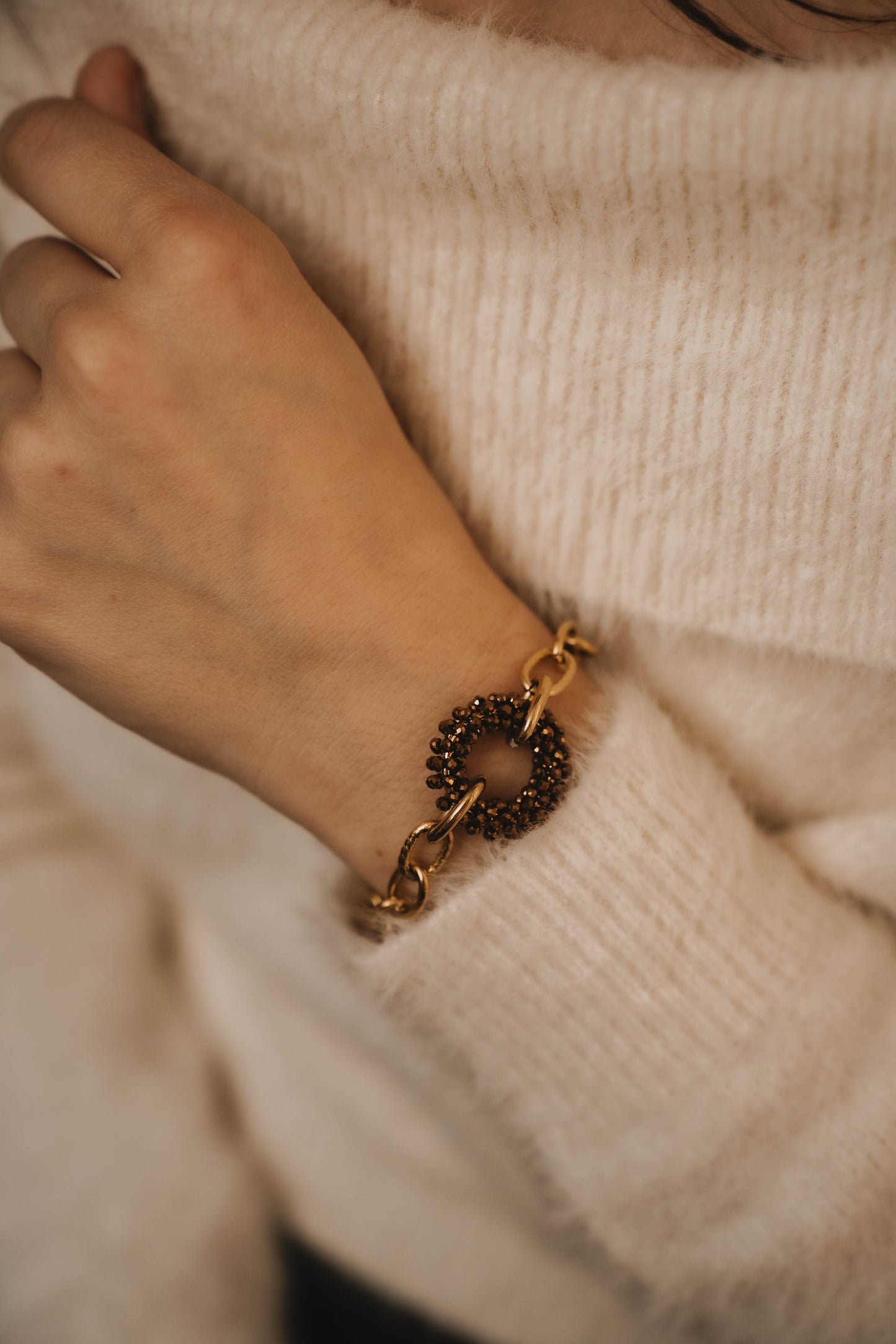 Cardiff | Bracelet en acier inoxydable | Perles marron | Doré