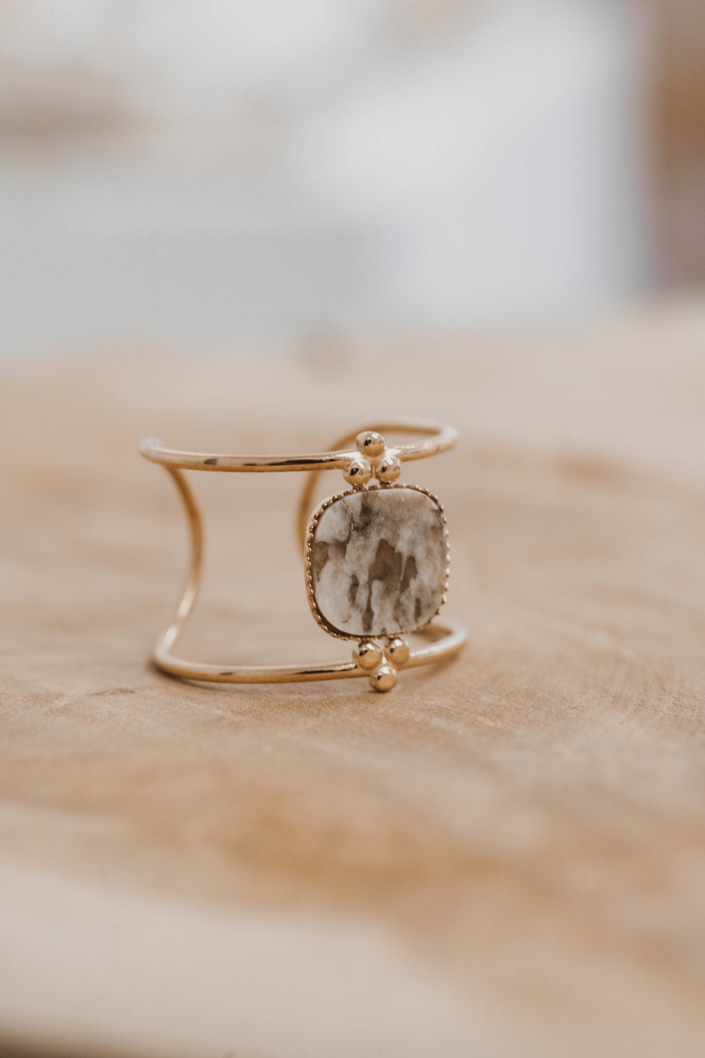 Tahiti | Bague en acier inoxydable et pierre naturelle | Jaspe paysage | Doré