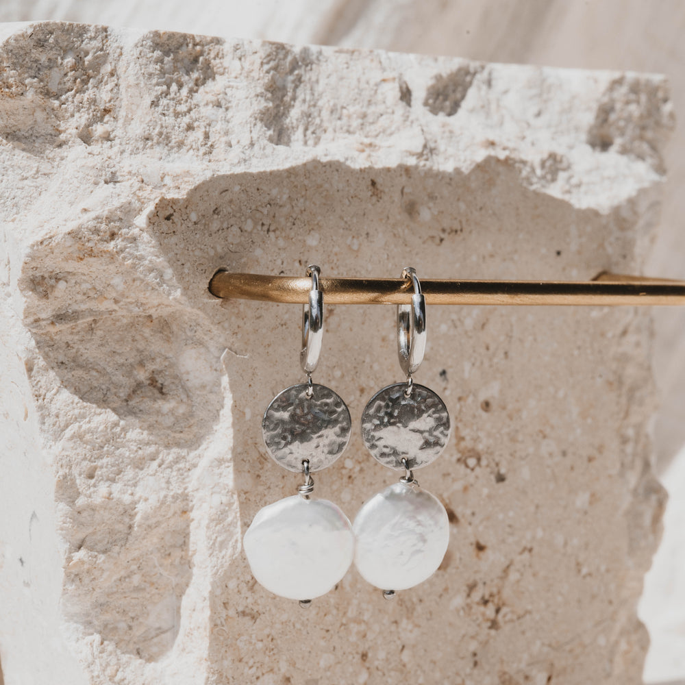 Paros | Boucles d'oreilles en acier inoxydable et pierres naturelles | Perles de culture | Argenté