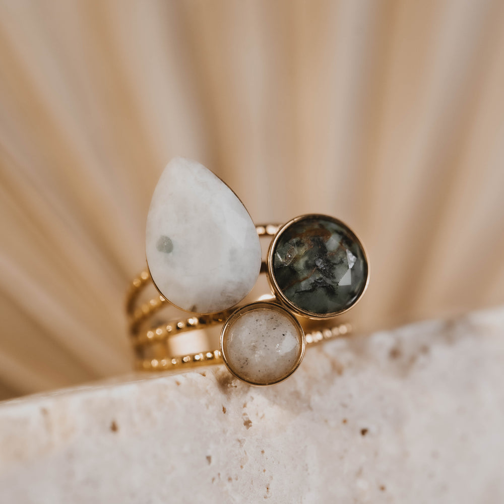 Jaïpur  Bague en acier inoxydable et pierres naturelles | Agate, Turquoise Africaine, Labradorite| Doré