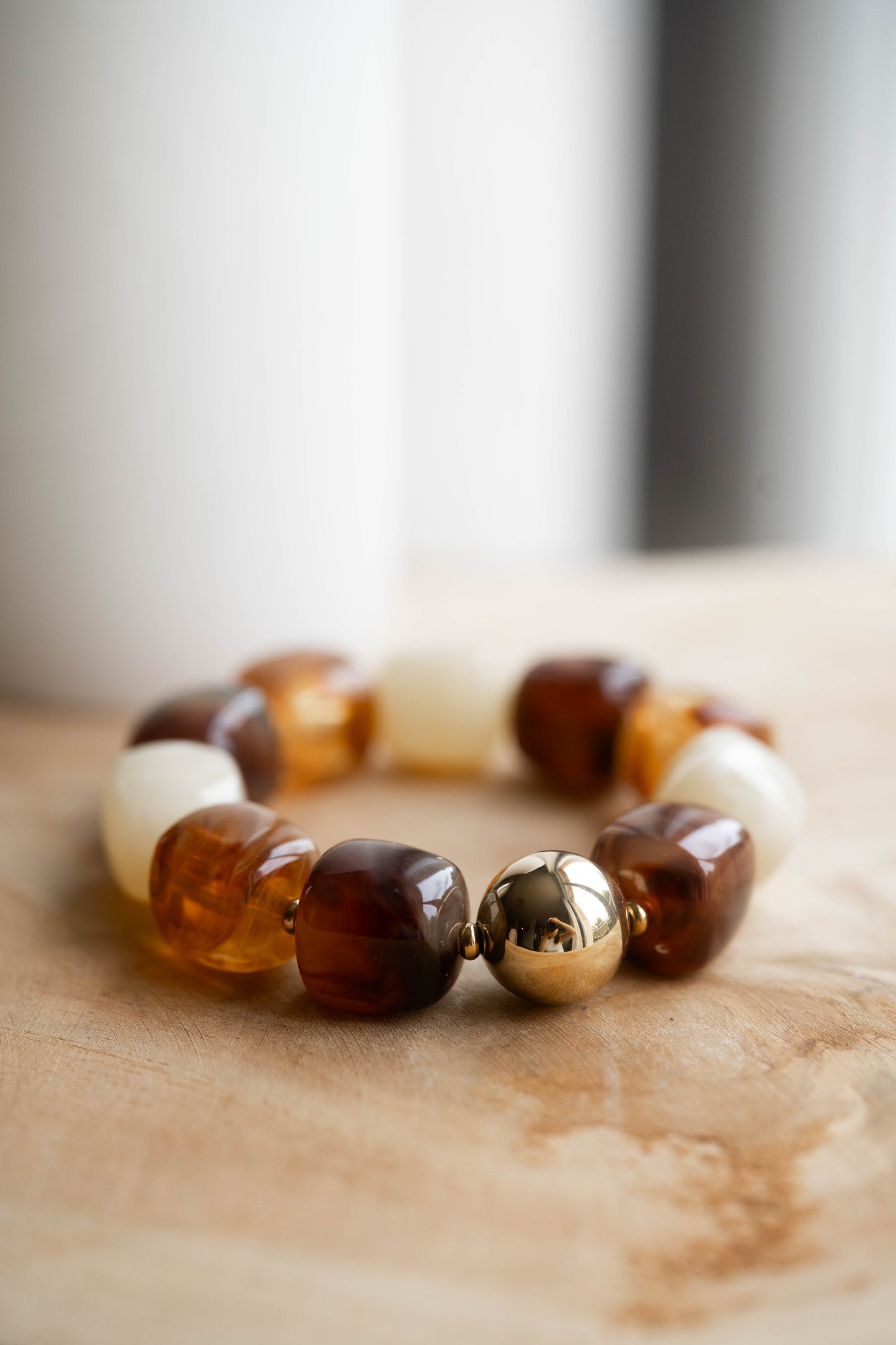 Agafay | Bracelet élastique | Beige & Ambre | Doré