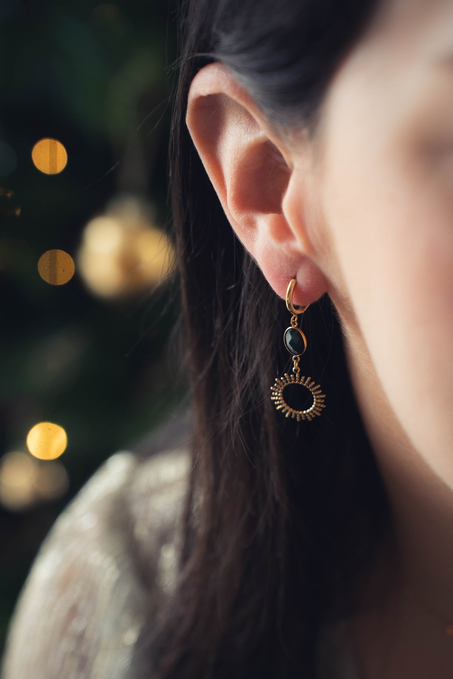 Sintra | Boucles d'oreilles en acier inoxydable et pierres naturelles | Agate Mousse | Doré