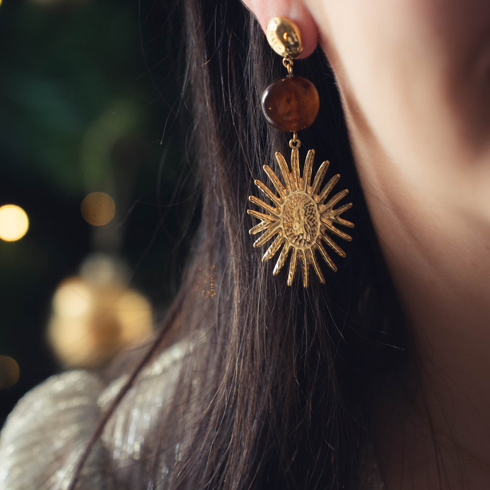 Valladolid | Boucles d'oreilles en acier inoxydable | Résine marron | Doré