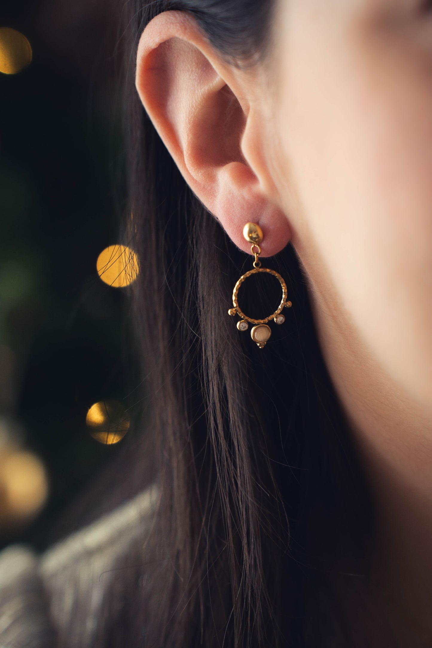 Eivissa | Boucles d'oreilles en acier inoxydable et pierres naturelles | Œil de chat | Doré