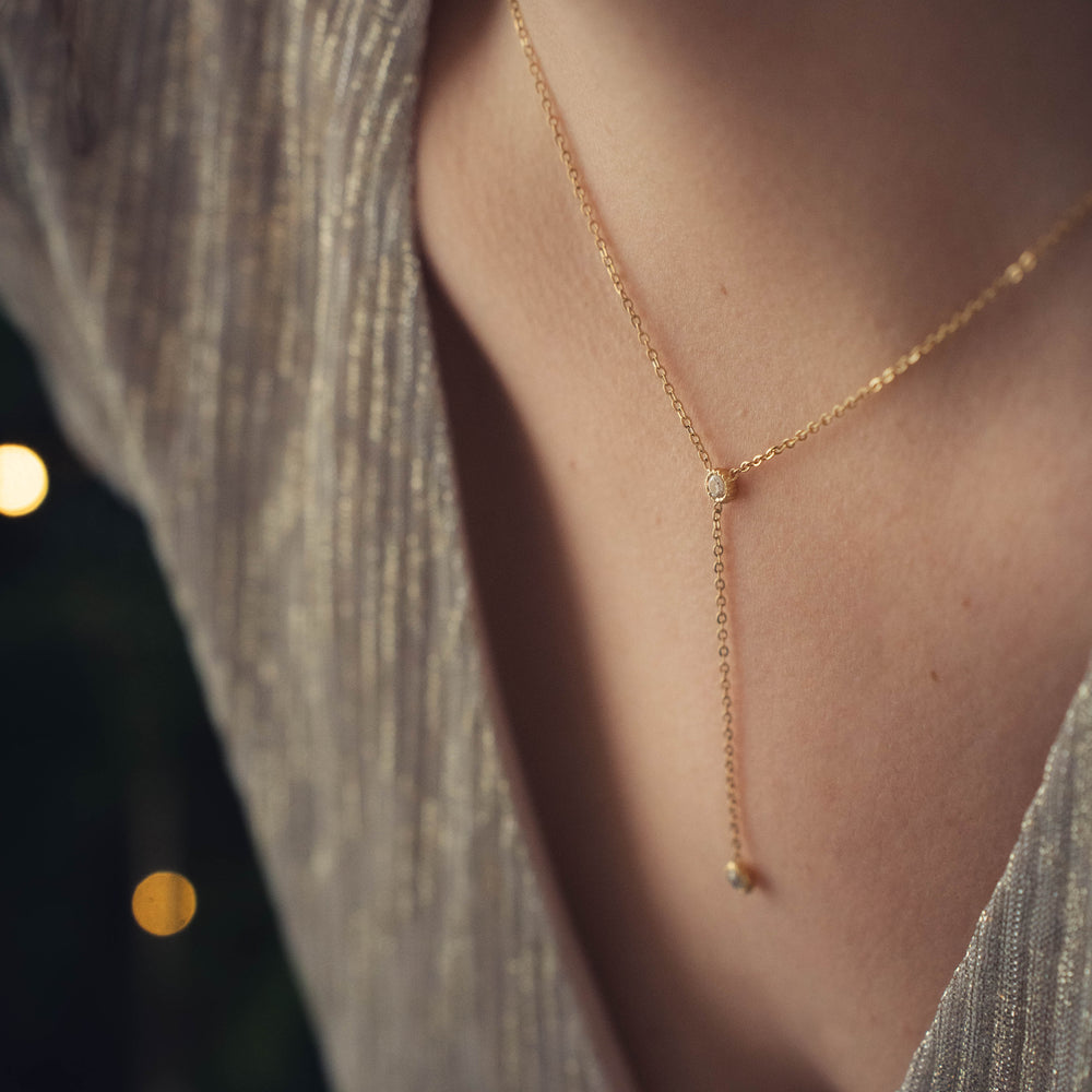 Rhodes | Collier Y en acier inoxydable | Oxyde de zirconium blanc | Doré