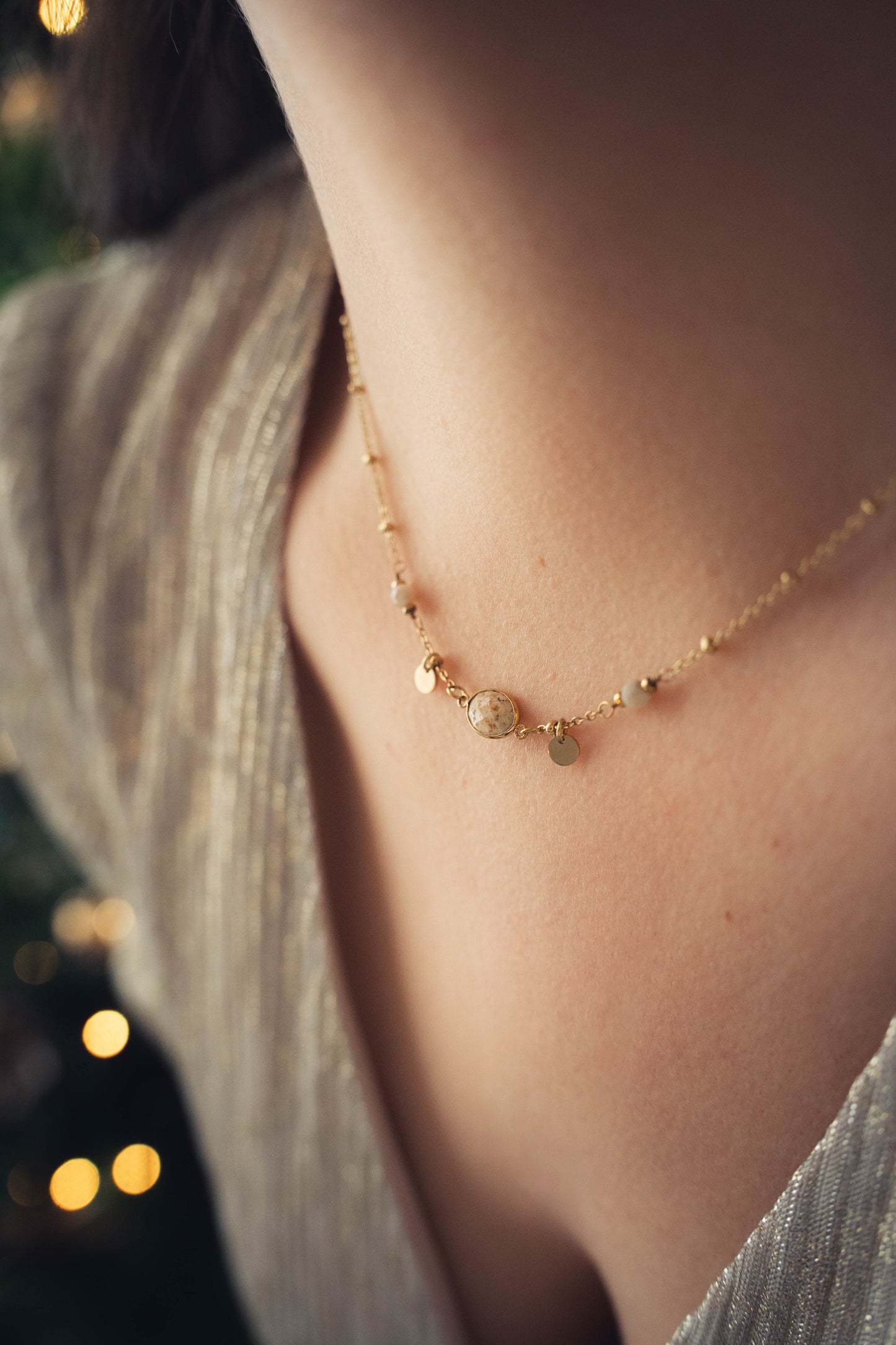 Tulum | Collier en acier inoxydable et pierres naturelles | Jaspe Paysage | Doré