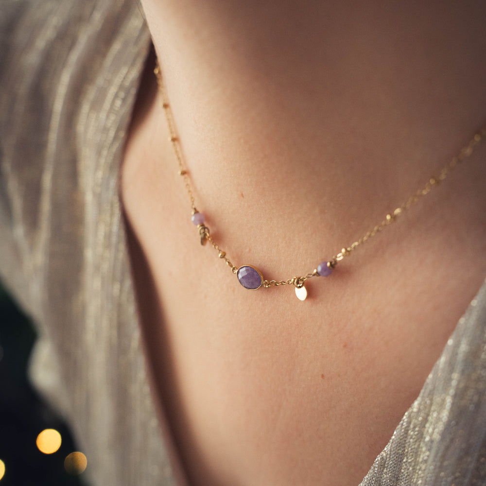 Tulum | Collier en acier inoxydable et pierres naturelles | Améthyste | Doré