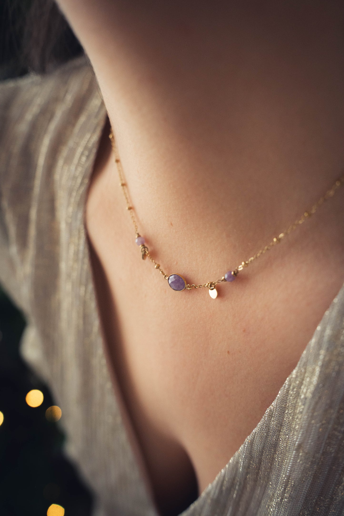 Tulum | Collier en acier inoxydable et pierres naturelles | Améthyste | Doré