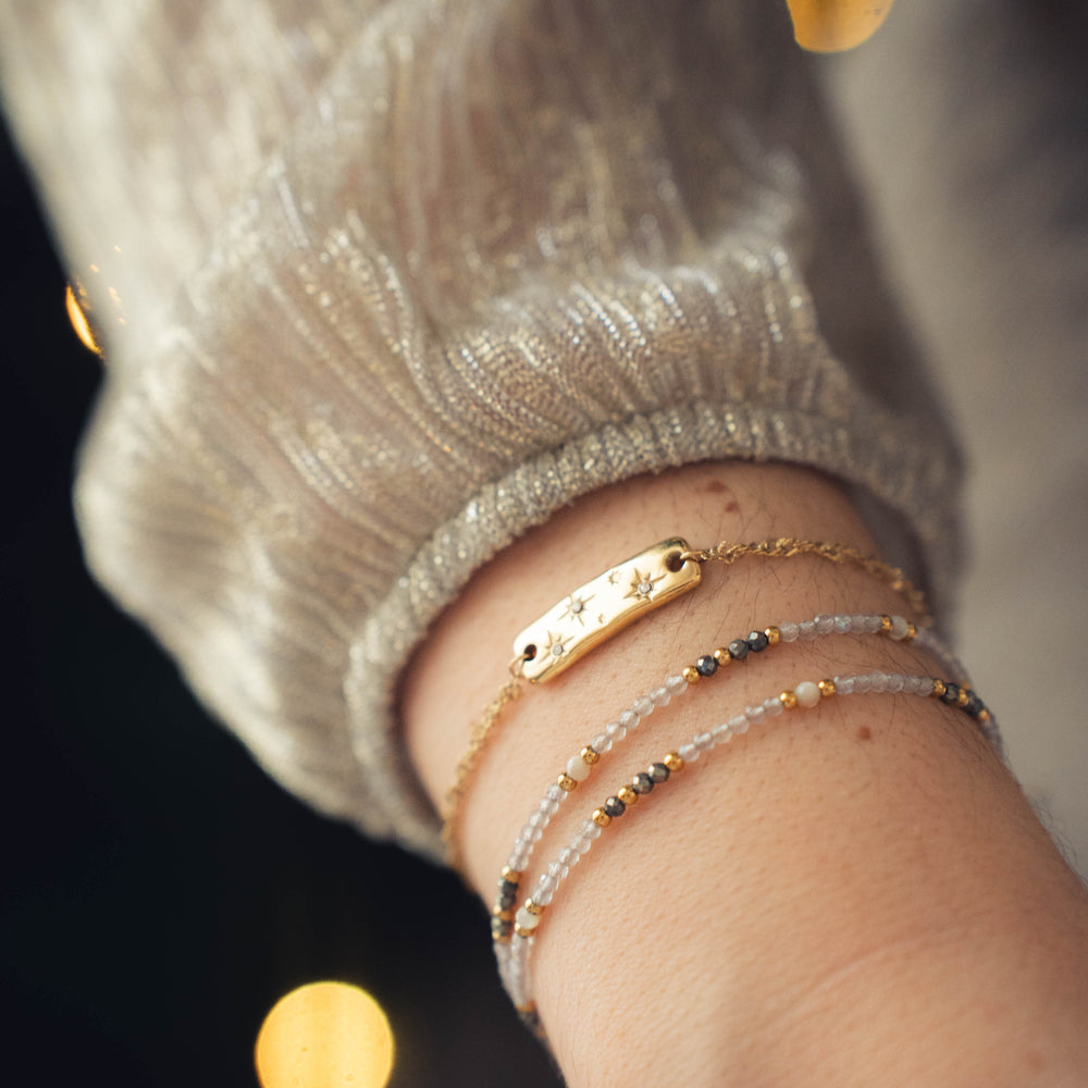 Galway | Bracelet double en acier inoxydable et pierres naturelles | Labradorite & pyrite | Doré