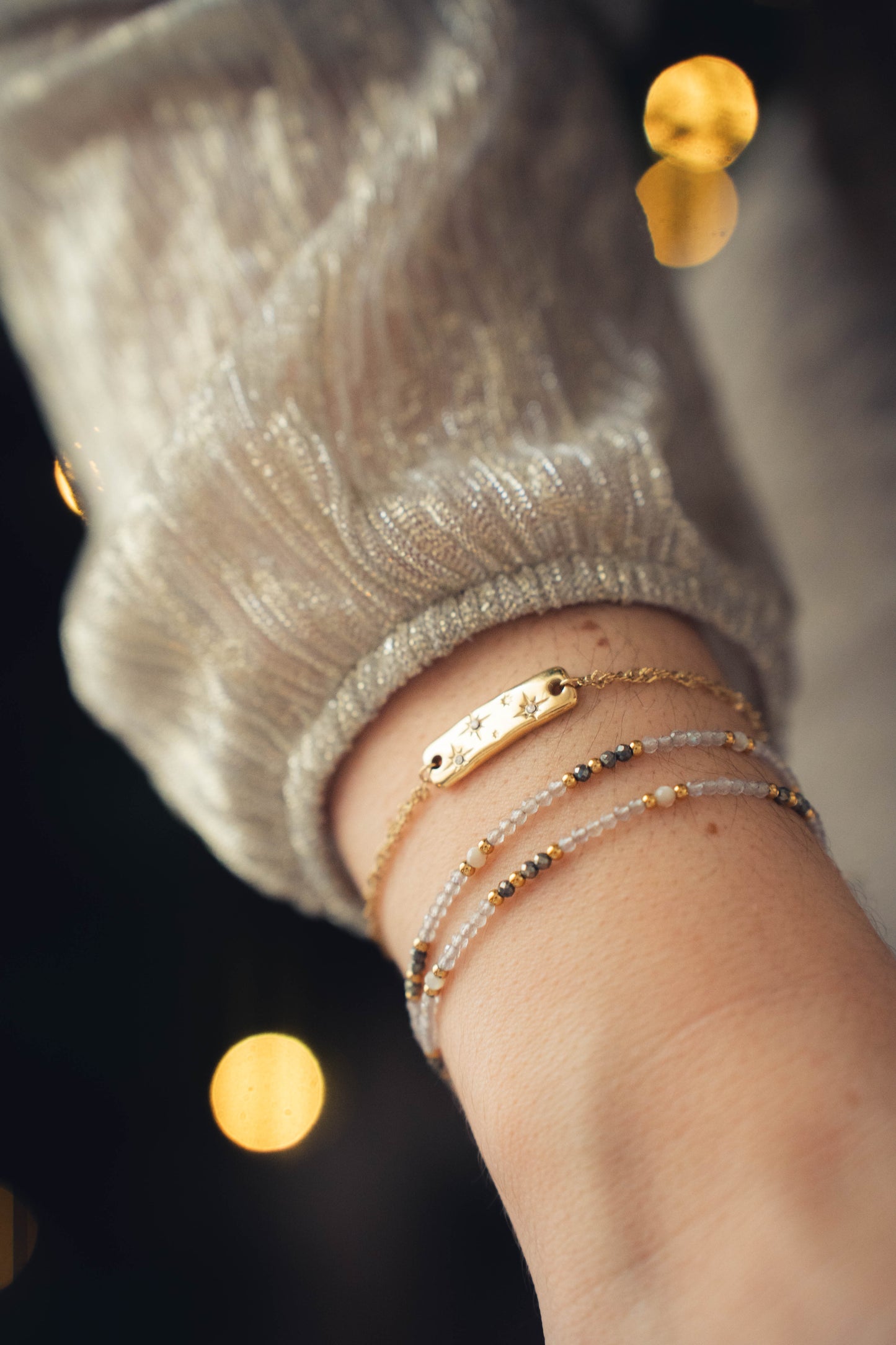 Galway | Bracelet double en acier inoxydable et pierres naturelles | Labradorite & pyrite | Doré