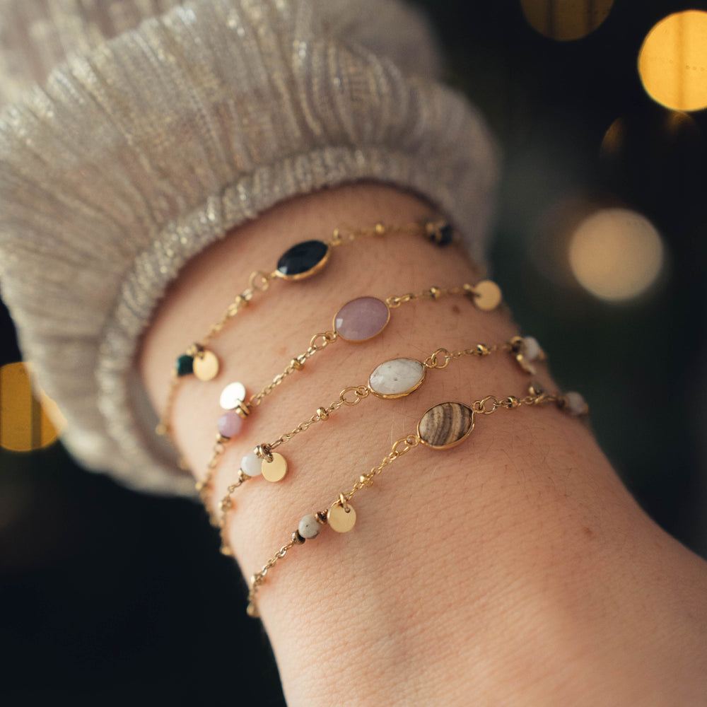 Tulum | Bracelet en acier inoxydable et pierres naturelles | Quartz blanc | Doré