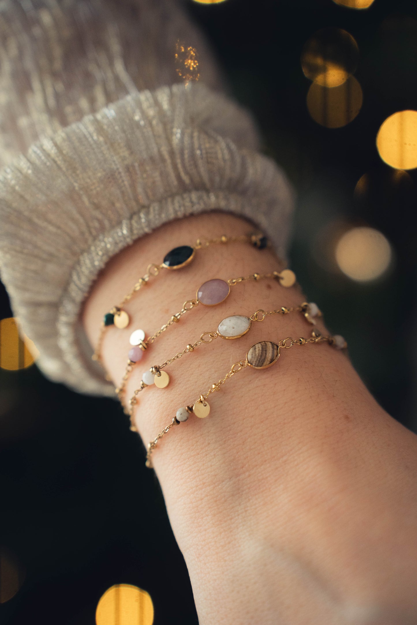 Tulum | Bracelet en acier inoxydable et pierres naturelles | Quartz blanc | Doré