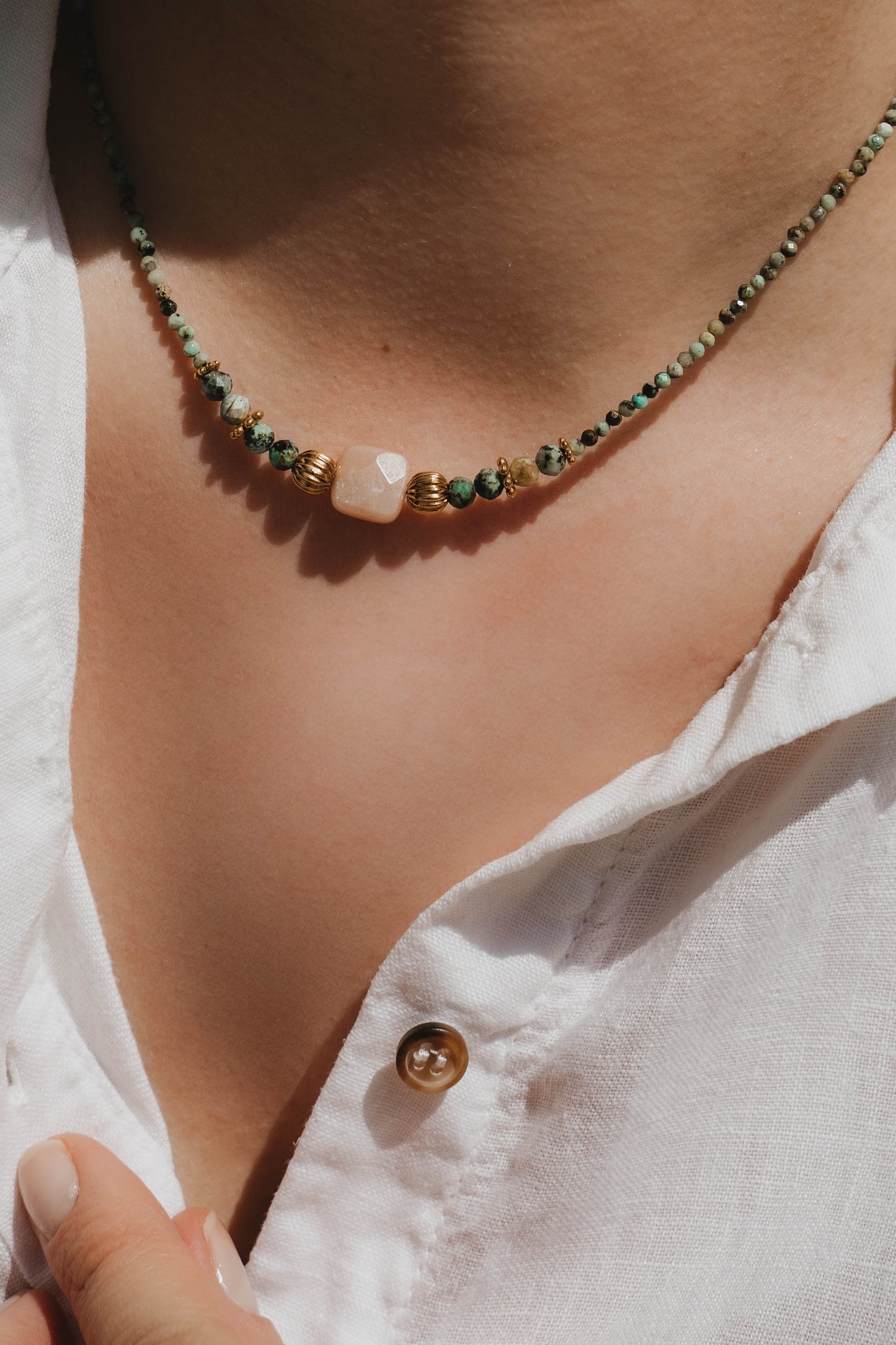Le Caire | Collier en acier inoxydable et pierres naturelles | Turquoise Africaine | Doré